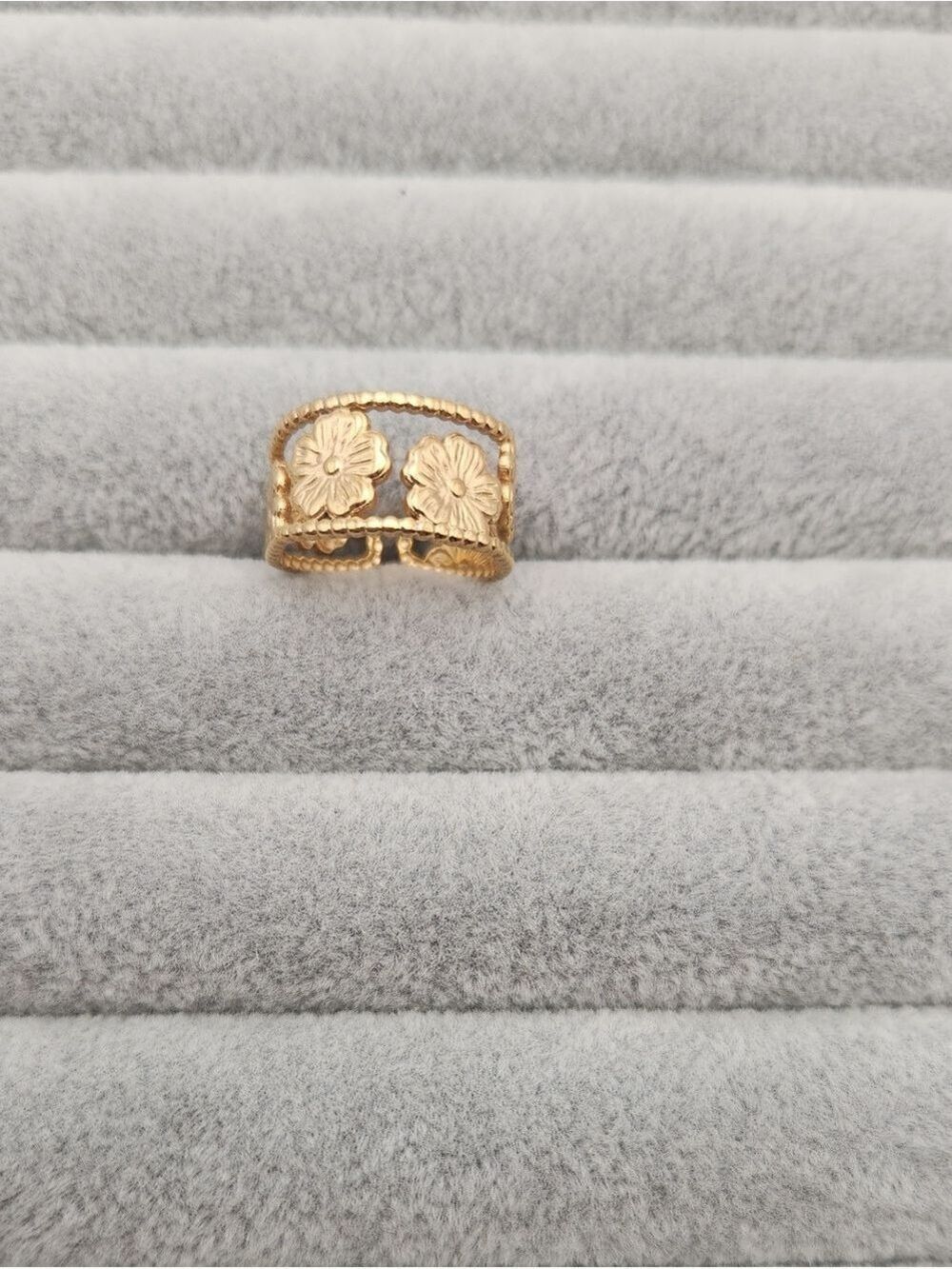 18K Gold Plated Double Flower Adjustable Ring Floral Open Band